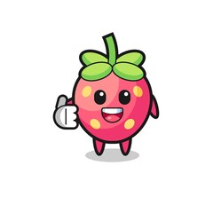 strawberry mascot doing thumbs up gesture
