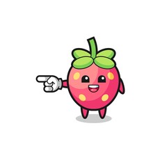 strawberry cartoon with pointing left gesture