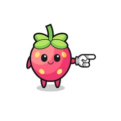 strawberry mascot with pointing right gesture