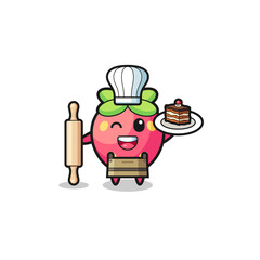 strawberry as pastry chef mascot hold rolling pin
