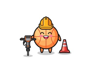 Obraz premium road worker mascot of basketball holding drill machine