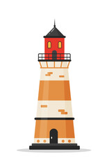 Pirate lighthouse. Piracy icon isolated on white background. Vector illustration in flat cartoon style.