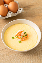 Steamed egg with shrimp and spring onions