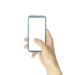 hand holding black phone isolated on white clipping path inside