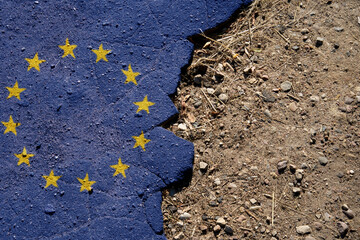 A crisis. Flag on the broken asphalt - EU - obrazy, fototapety, plakaty