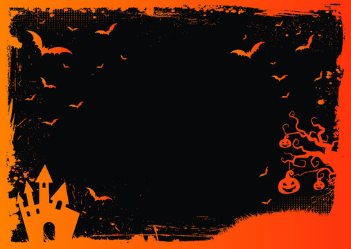Horizontal Halloween vector gradient orange background with grunge border, bat, pumpkin 