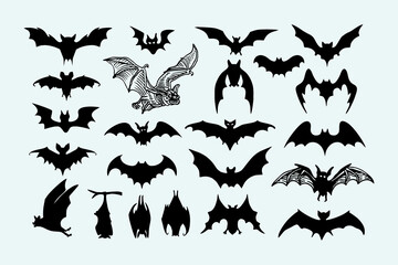 Halloween black bat icon set. Bats Silhouettes. Halloween symbol.