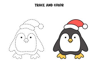 Trace and color cute penguin. Worksheet for kids.
