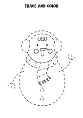 Trace and color cute Christmas snowman. Worksheet for kids.