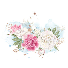 Fototapeta na wymiar Set of delicate red and white peonies. Watercolor illustration