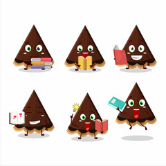 A picture of slice of chocolate tart cartoon character concept reading an amusing book