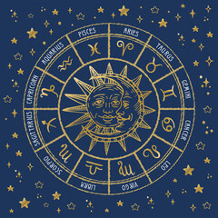 Horoscope circle with sun,moon,star and zodiac signs