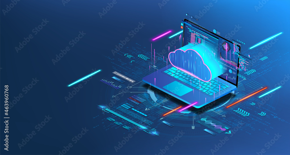 Leinwandbilder Laptop with programming code and cloud storage in isometric. Futuristic banner Software development, UI and saving data to cloud storage. Web coding and synchronization on a remote server. Vector