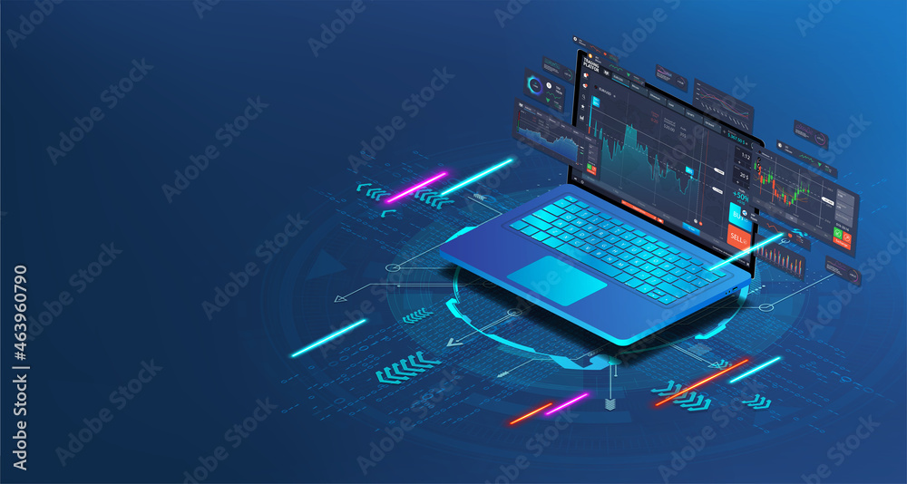 Poster Web banner Trading Platform in isometric with data analysis, forex, stock market and binary option concept. Isometric computer with trading app dashboard with Candles and indicators, charts. Vector