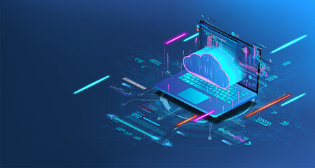 Laptop with programming code and cloud storage in isometric. Futuristic banner Software development, UI and saving data to cloud storage. Web coding and synchronization on a remote server. Vector