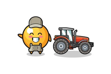 the ping pong farmer mascot standing beside a tractor