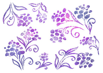 Watercolor artistic multicolor Set of floral Flower elements in the style of line art wedding theme on a white background for your design. Doodle and scribble. colorful autumn violet, gray, purple and