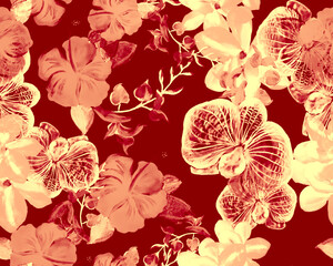 Scarlet Botanical Wallpaper. Coral Orchid Texture. Pink Hibiscus Print. Flower Palm. Watercolor Plant. Seamless Design. Pattern Backdrop. Art Backdrop.