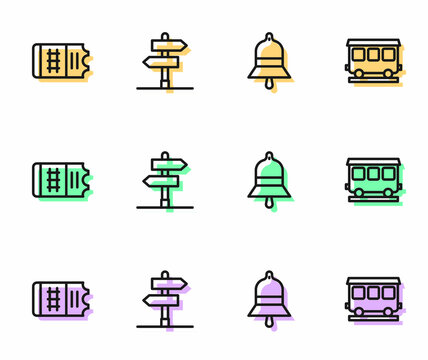 Set line Train station bell, ticket, Road traffic sign and Passenger train cars icon. Vector