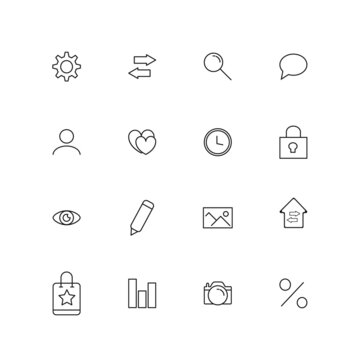Interface and application concept. Line icon set including editable strokes of gear, arrows, magnifying glass, speech bubble, clock, eye, pencil etc