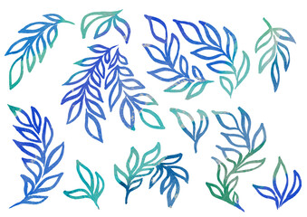 Watercolor artistic multicolor Set of floral elements in the style of line art wedding theme on a white background. Doodle and scribble. Blue, green, violet and turquoise leafs for postcard and