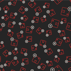 Line Carton cardboard box icon isolated seamless pattern on black background. Box, package, parcel sign. Delivery and packaging. Vector