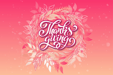 Happy Thanksgiving day. Banner with handwritten lettering and hand-drawn elements. Autumn background. Vector illustration.