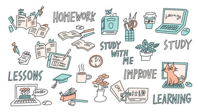 Online classes and study motifs  vector illustrations. オンラインクラスや勉強のベクターイラスト素材セット