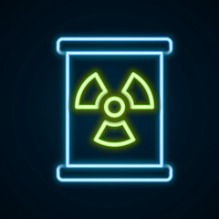 Glowing neon line Radioactive waste in barrel icon isolated on black background. Toxic refuse keg. Radioactive garbage emissions, environmental pollution. Colorful outline concept. Vector