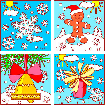Winter and Christmas picture icons for designing themed projects - snowfall, gingerbread man cookie, bell ornament, giftbox with bow
