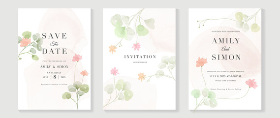Luxury wedding invitation card background  with golden line art flower and botanical leaves, Organic shapes, Watercolor. Abstract art background vector design for wedding and vip cover template.