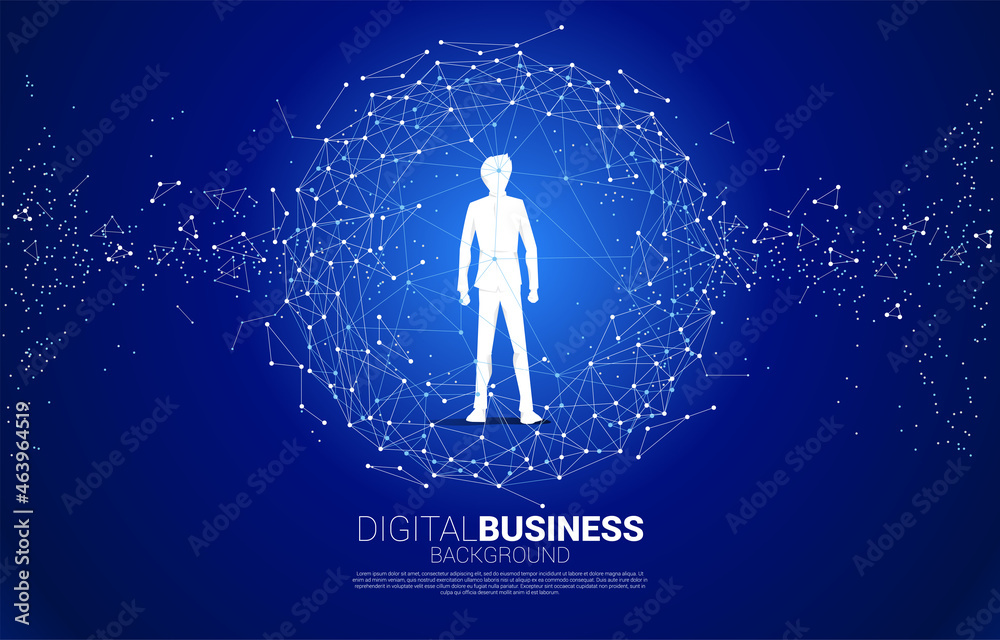 Poster vector silhouette businessman standing in circle wireframe polygonal lines connect dot geometric sph
