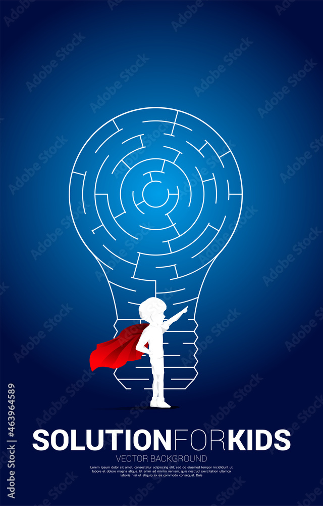 Poster Silhouette of kid in superhero suit and Light bulb with from maze game. Business concept for problem solving and finding idea.