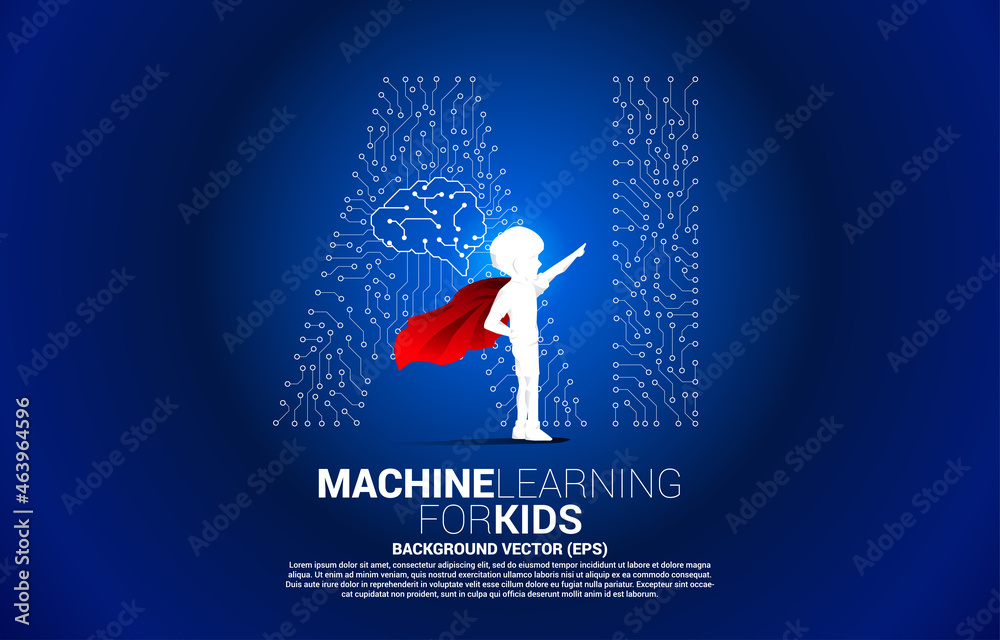 Aufkleber silhouette of kid in superhero suit with dot connect line shaped ai and brain icon center. concept f