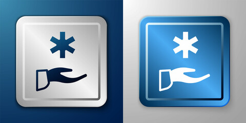 White Cross hospital medical icon isolated on blue and grey background. First aid. Diagnostics symbol. Medicine and pharmacy sign. Silver and blue square button. Vector