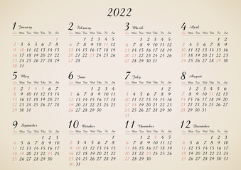 2022　年間カレンダー　レトロ ヨコ型