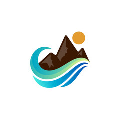 Mountain logo with water wave design template , hill icons