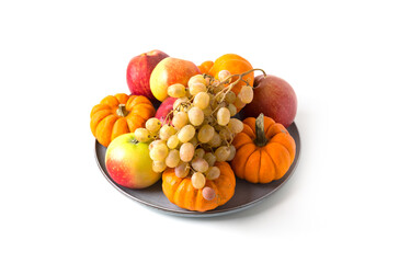 Vegetables and fruits on a table. Healthy food, autumn harvest. Copy space.