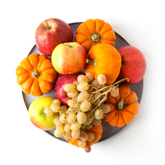 Vegetables and fruits on a table. Healthy food, autumn harvest. Copy space.
