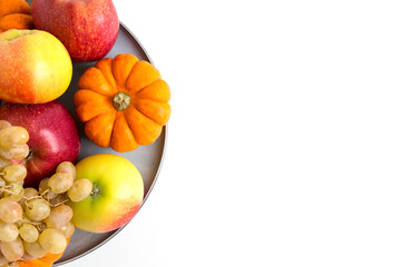 Vegetables and fruits on a table. Healthy food, autumn harvest. Copy space.