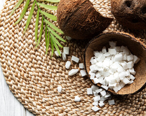 Dried sweet coconut cubes  in bowl