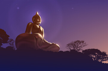 Buddhism vector illustration of a buddha statue on the peak of the mountain with the beautiful sunlight is shining up from the right.