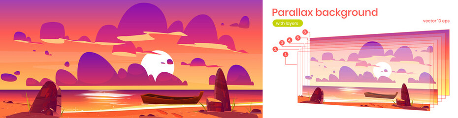 Fototapeta na wymiar Parallax background, sunset in ocean with boat 2d nature landscape. Separated layers wooden moored to beach under colorful orange sky with purple clouds, sidescroller for game, Cartoon vector scene