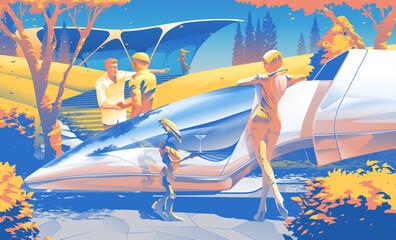 retro vector scifi illustration of wealthy people in daily life in 2079