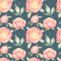 watercolor pattern with peonies on blue background