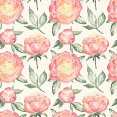 watercolor pattern with peonies on white background 
