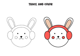 Trace and color cute rabbit. Worksheet for kids.