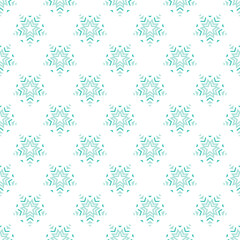 Seamless pattern with blue snowflake stars on white background.