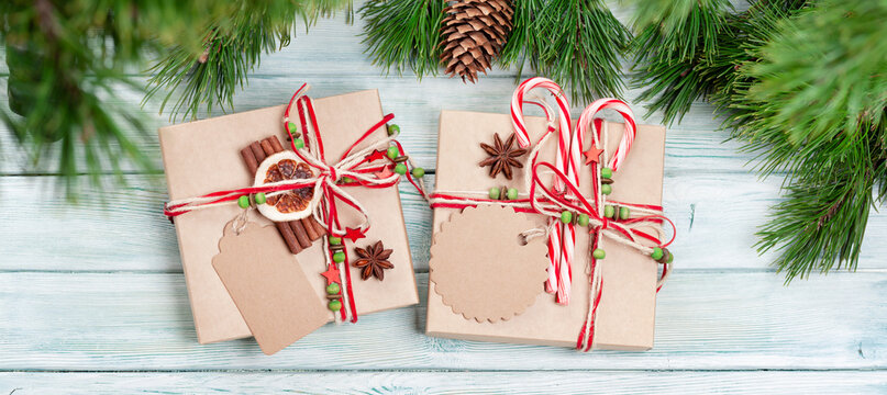 Christmas gift boxes with craft decor