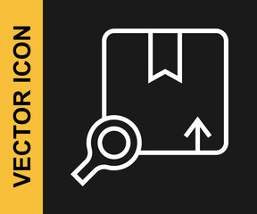 White line Search package icon isolated on black background. Parcel tracking symbol. Magnifying glass and cardboard box. Logistic and delivery. Vector